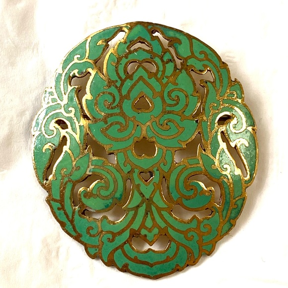 VINTAGE STERLING MINT GREEN ENAMEL MODERNISTIC DESIGN SIAM brooch - Picture 1 of 4